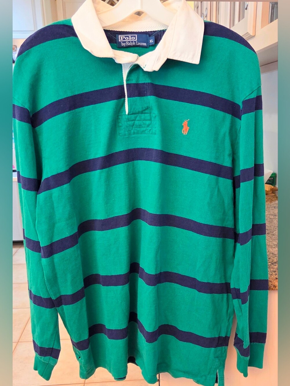Polo Ralph Lauren Custom Rugby Polo Long Sleeve XL Cotton GREEN BLUE stripe